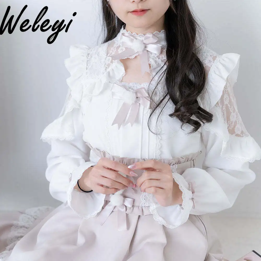 

Japanese Jirai Kei Sweet Shirt for Woman 2024 Spring New Lolita Cute Women's Plush Ball Lace Off ShoulderTied Bow Ruffles Top