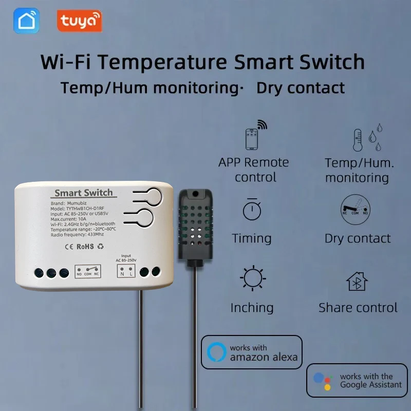 Tuya Smart Life 85~250V WiFi Switch Relay Temperature Humidity Monitoring Thermo