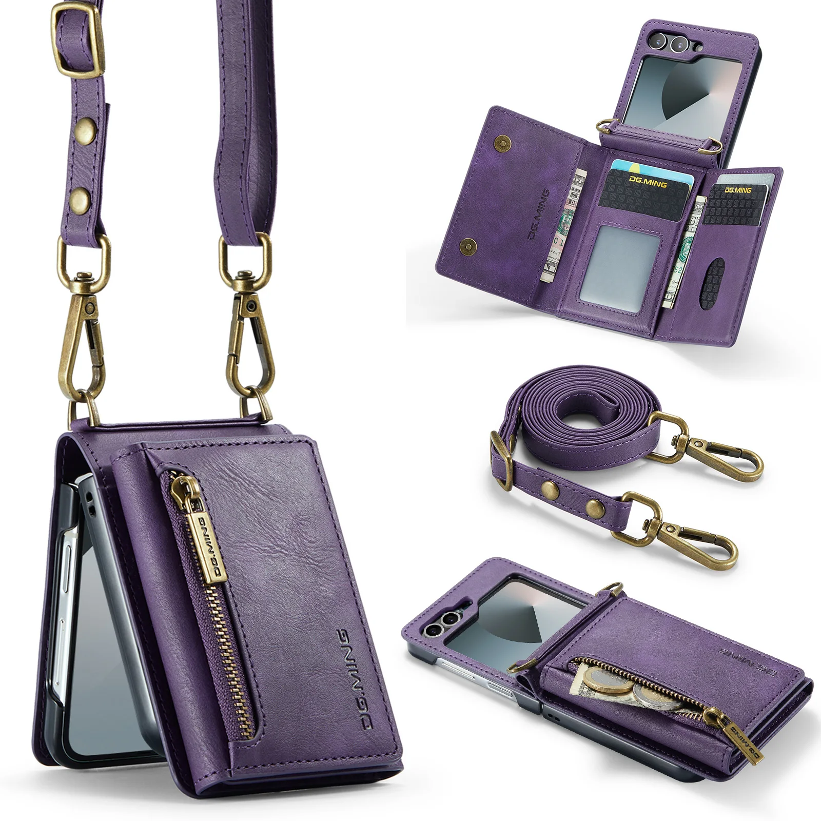 Luxury Leather Flip Phone Case with Magnetic Wallet and Zipper Lanyard