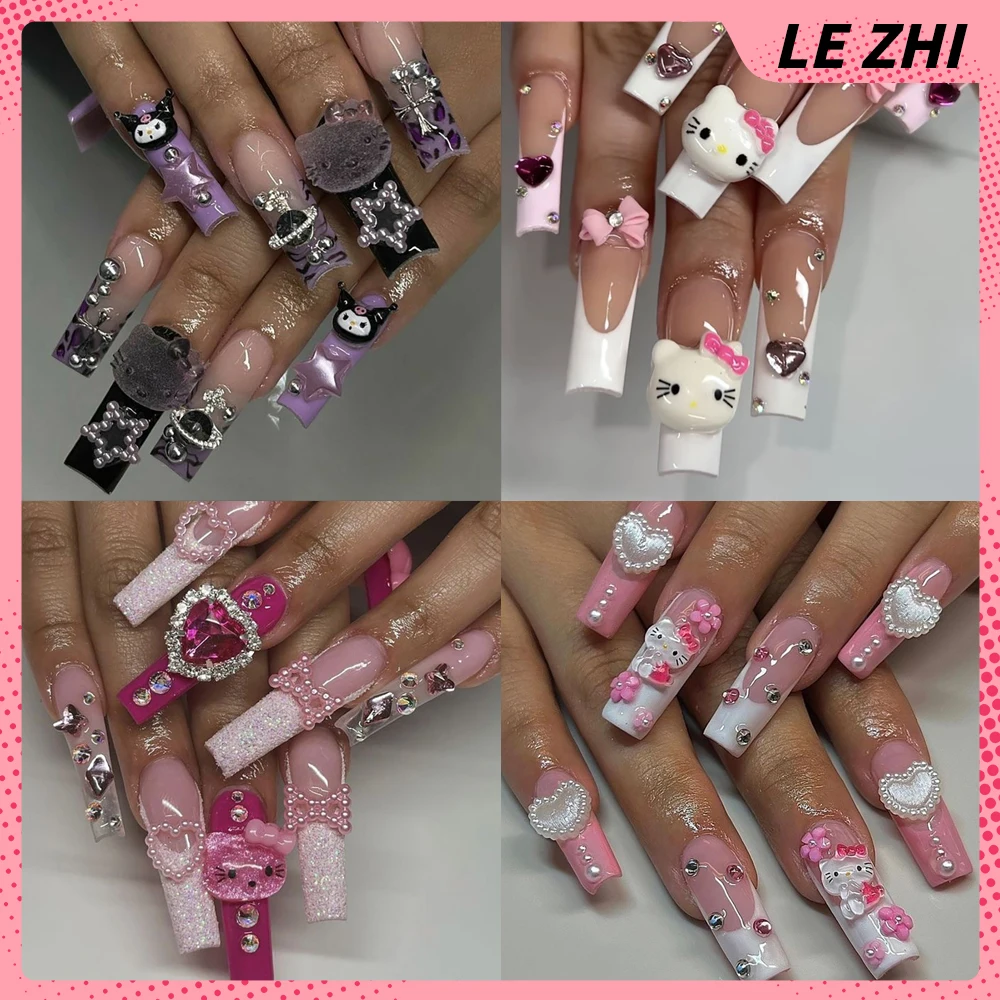 

XXL Long Rectangle Y2K Hello Kitty Nails Art Handmade Pink Zebra-print Kumi Bow Cute French Customizable Press on Nail Tips Gift