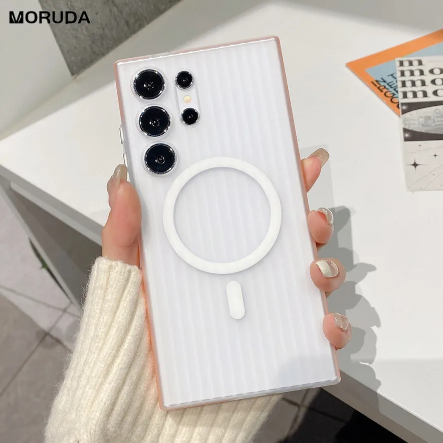 Custodia Magnetica Ultra Sottile Per Samsung Galaxy S23 S24 Cover Magsafe Ultra Trasparente Per Custodia Rigida A Strisce Verticali Samsung S24 Plus