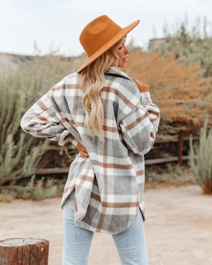 Fashion Long-sleeved Loose Plaid Shirt Woolen Coat Women\'s Autumn Winter Thickening Casual Loose Pocket Shirt Coat Top Women