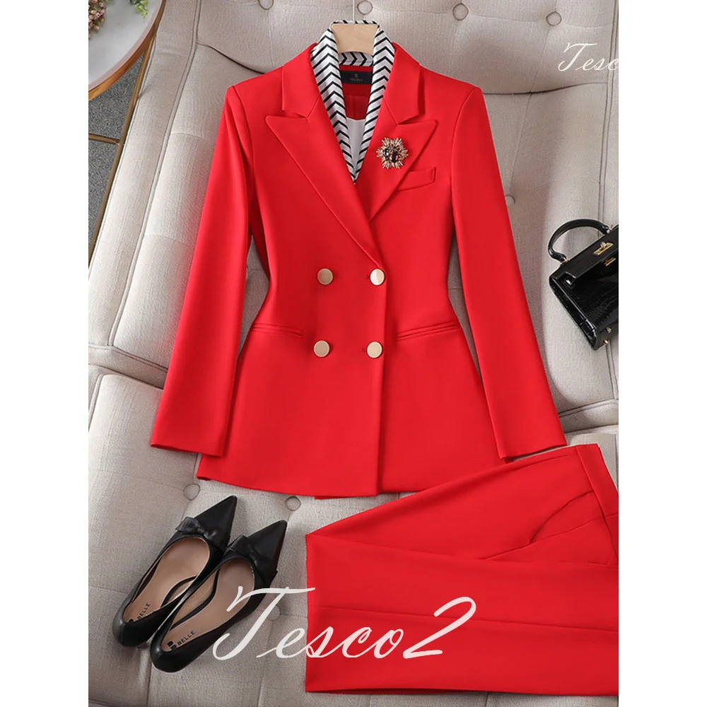 Tesco Office Lady Pantsuit Long Sleeve Blazer Suit +Pencil Pants Solid Women's Outfits 2 Piece For Business conjunto femininos
