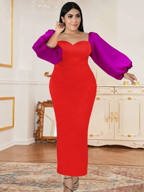 karakterisere uophørlige samle Plus Size Color Block Long Dress Women Bodycon Big Lantern Sleeves  Patchwork Christmas Night Elegant Event African Evening Party - Plus Size  Dresses - AliExpress