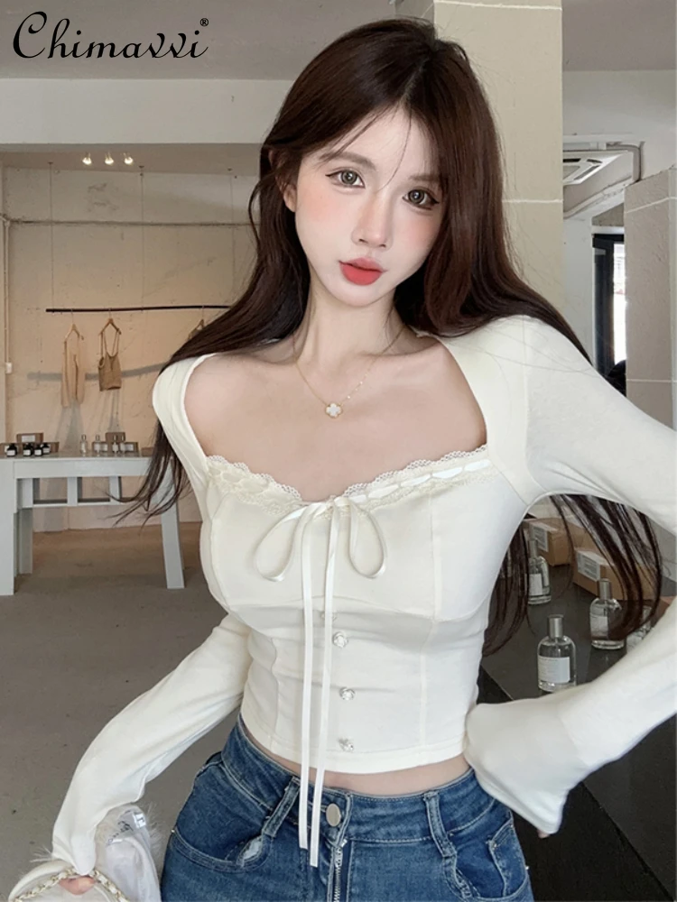 Hot Girl Sexy Lace Short Slim Fit Long Sleeve Shirt 2023 Autumn Winter Korean Style Commute Square Collar Lace-Up Women's Blouse