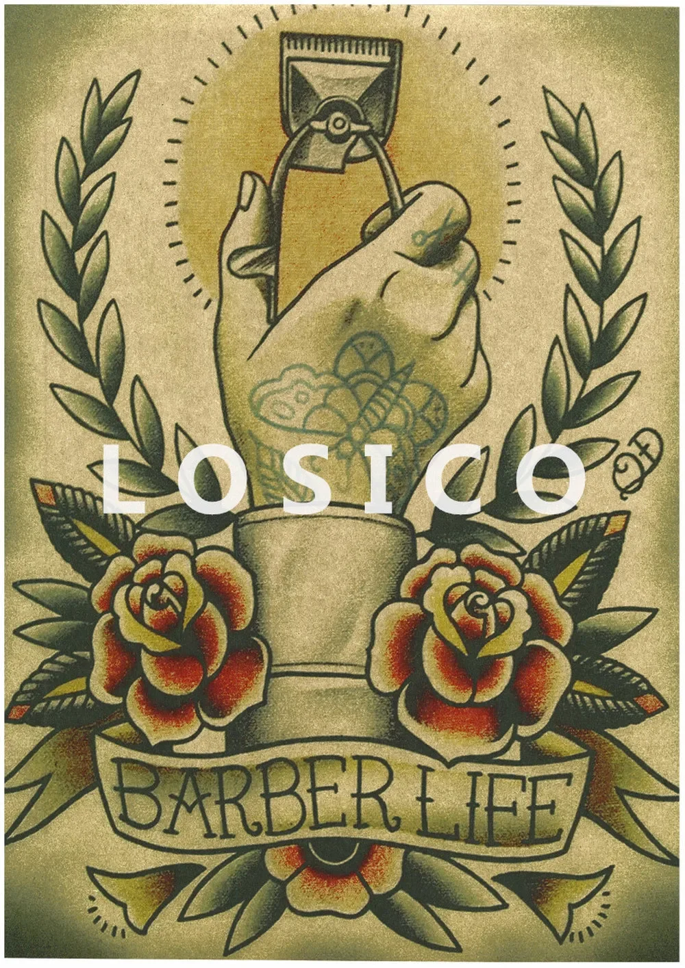 

Exquisite Hairdressing Tattoos Patterned Retro Kraft Paper Posters Wall Sticker Modern Art Print Barber shop Decoration a1