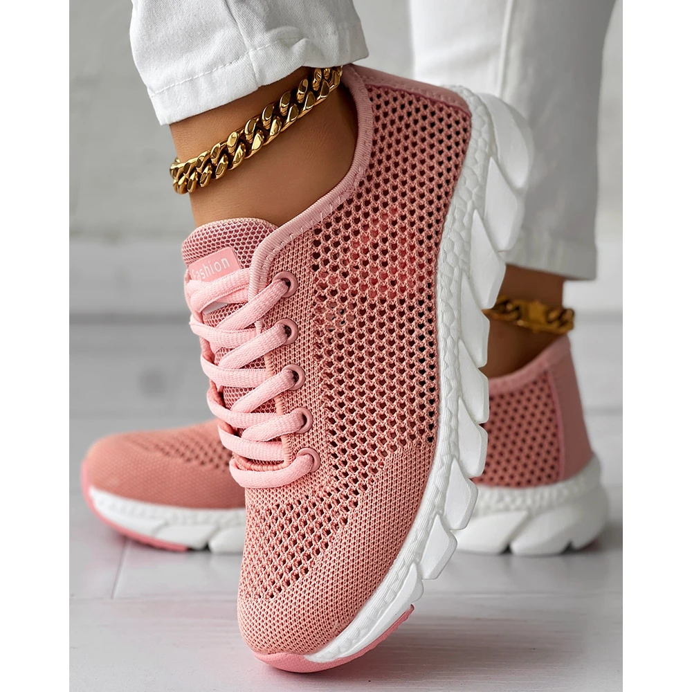 Women Hollow Out Breathable Mesh Lace-up Sneakers Daily Casual Round Toe Sports Shoes Spring Sneakers Going Out Pink Flats Shoes