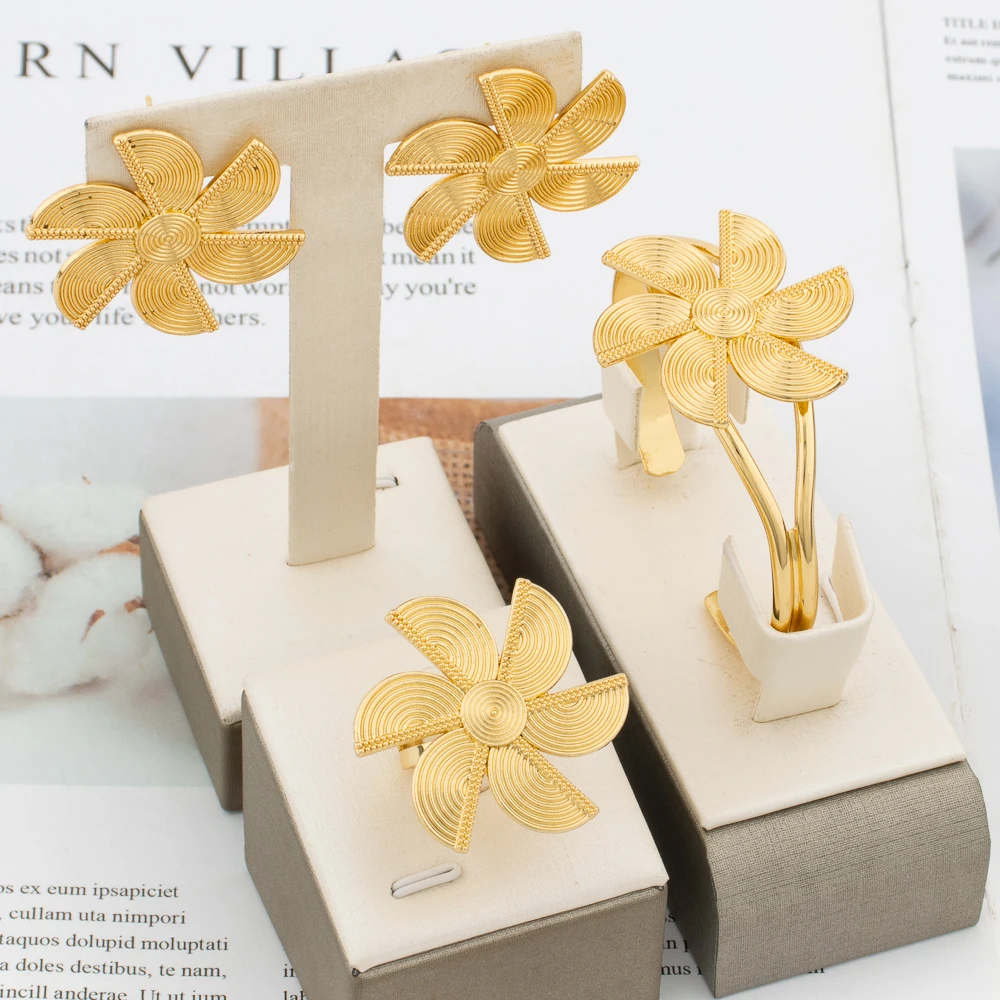 

Italian Flower Deisgn Jewelry Set for Women 18k Gold Color Hoop Earrings and Bangle Ring Set Weddings Bridal Jewellery Gifts