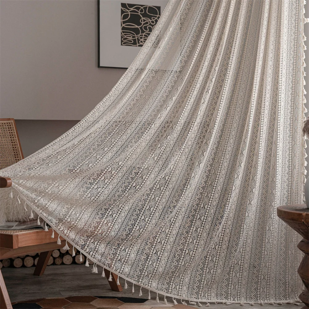 

Crochet Curtain Translucent Living Room Curtains Set American Country Hollow Boho Balcony Bedroom Finished Bay Window Art Decor