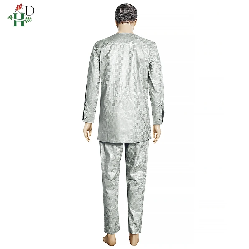 H&D African Clothes for Men Dashiki Top Pant 2 Pieces Outfit Set Riche Grey Embroidery Shirt Trouser Rich Bazin Original Muslim african dress,african men set