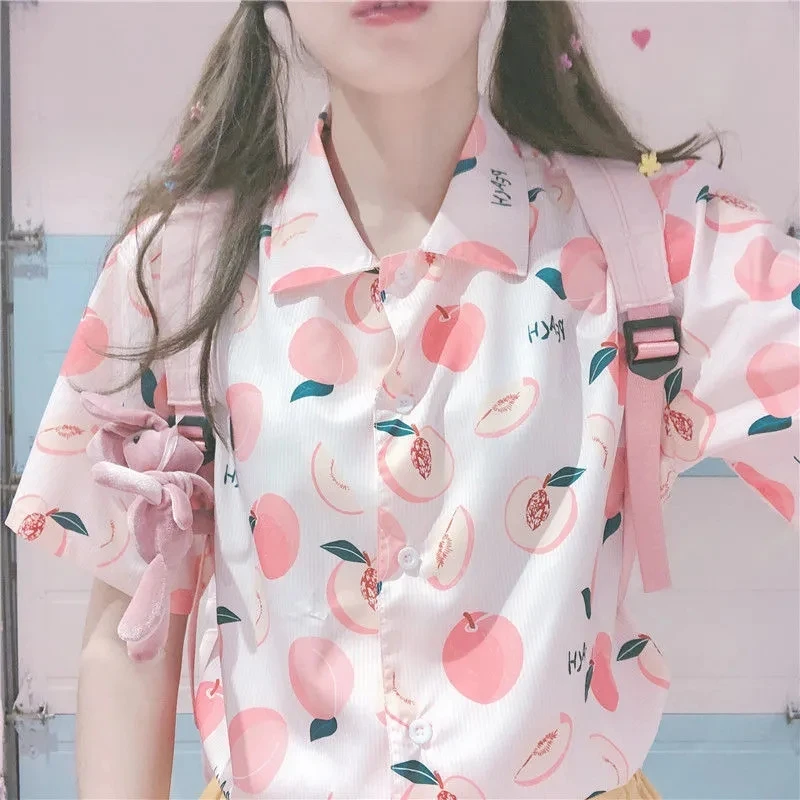 프린트 셔츠 여름 여성 티셔츠 루즈 블라우스 십대를위한 귀여운 탑스 반소매 미적 의류 Vintage Korean Fashion