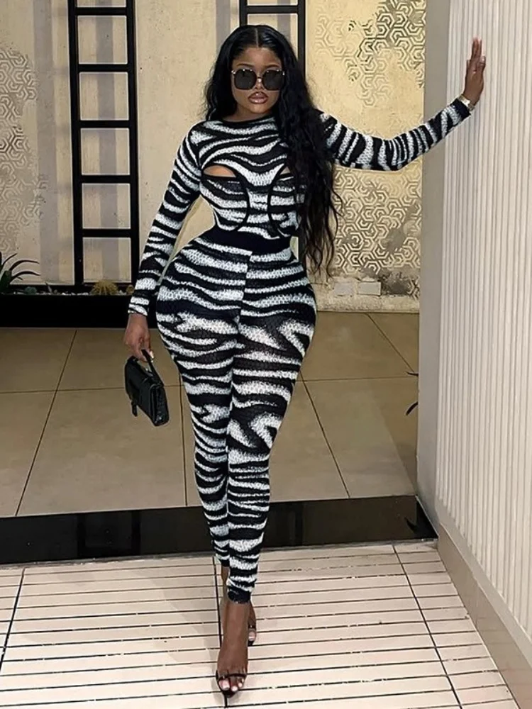 Wmstar Two Piece Sets Women Fashion Hollow Out Jumpsuit and Top Zebra Stripes Autumn and Winter Matching Suit 2025 New Style