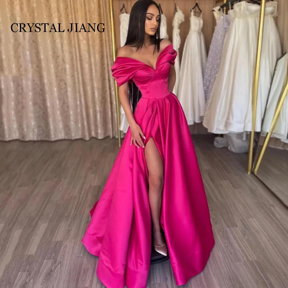 

Vintage Long Off the Shoulder Satin Arabic Dubai Evening Dresses with Slit A Line Sweep Train Robe De Soirée for Women