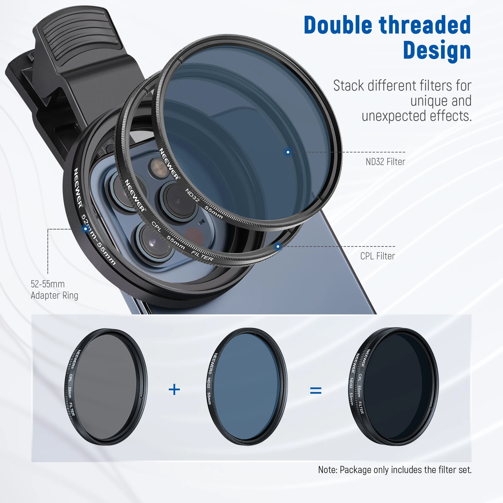 ND32 ND Filter Kit for Phone & Camera, CPL,4 Graduated Color Filter, 52-55mm Ada