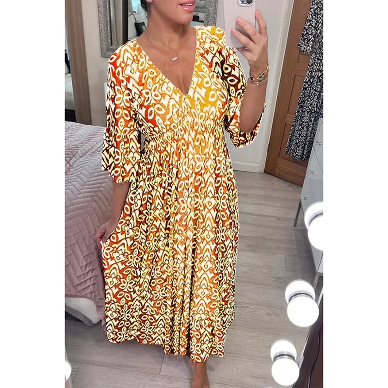 New Women's V-neck Dress Cropped Sleeves Floral Seaside Holiday Dresses Casual Loose ElegantElastic Waist A-line Long Skirt 3