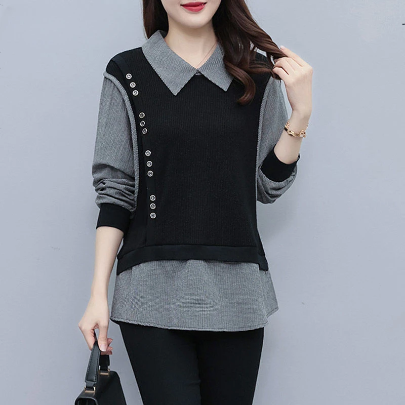 

Spring Autumn Fake Two Pieces Oversized Tee Female Long Sleeve Loose Casual Pullover Top Women Fashion Patchwork T-shirt B97