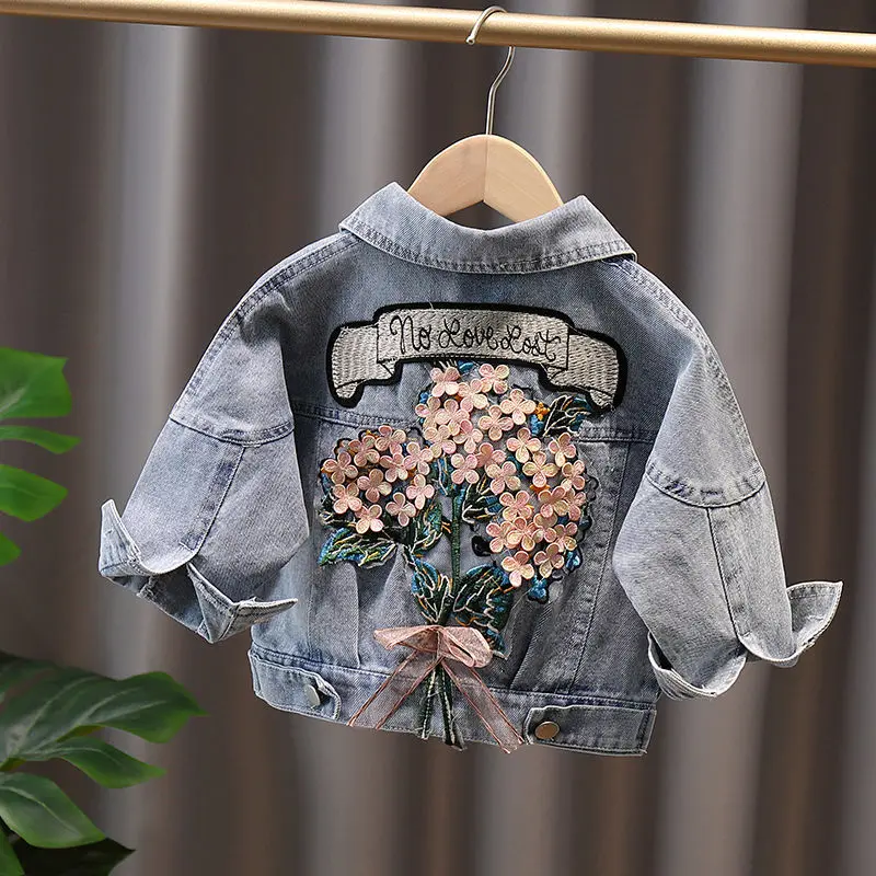 Spring Children's Denim Jackets Girl Jean Embroidery Jackets Girls Kids clothing baby Lace coat Casual outerwear Windbreaker fleece coats