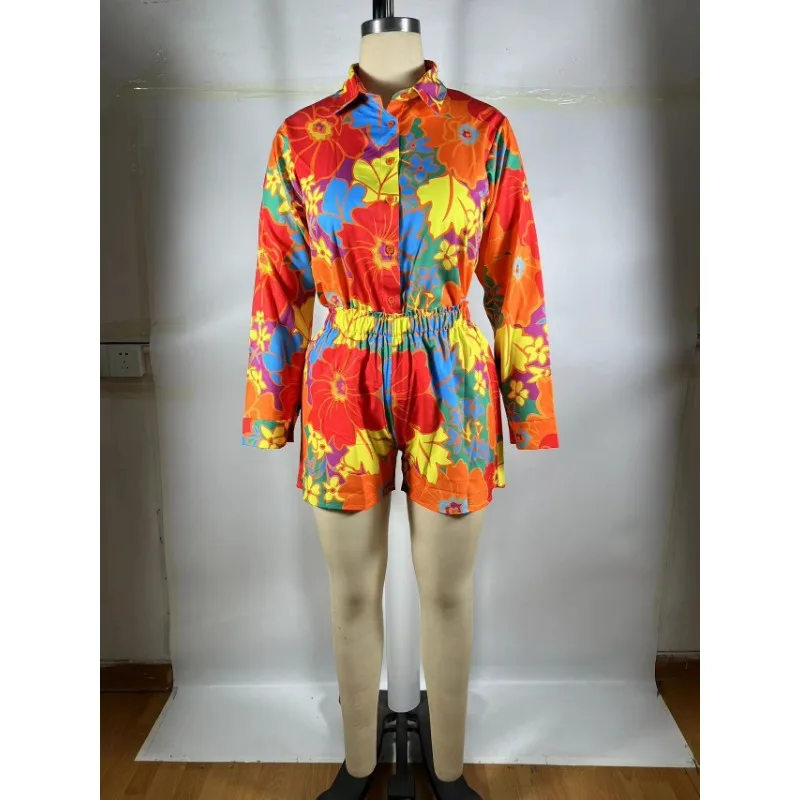 Flower Printed Women 2 Piece Set  Tracksuit 2024 Summer Long Sleeve Loose Shirt Elastic Waist Shorts Vacation Outfit Streetwear