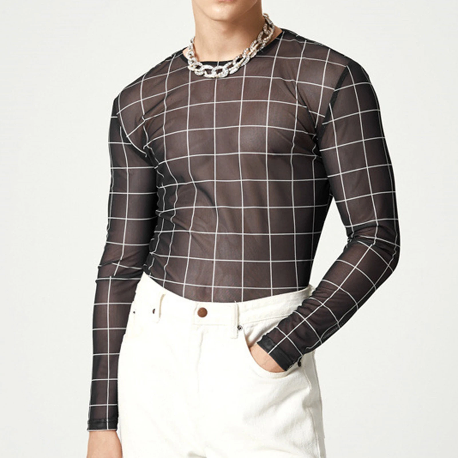 RoseSeek Men's Sheer Mesh T-Shirt - Striped See-Through Short Sleeve Tee For Summer