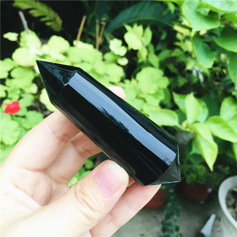 

24-sided natural obsidian quartz crystal Vogel style wand point treatment