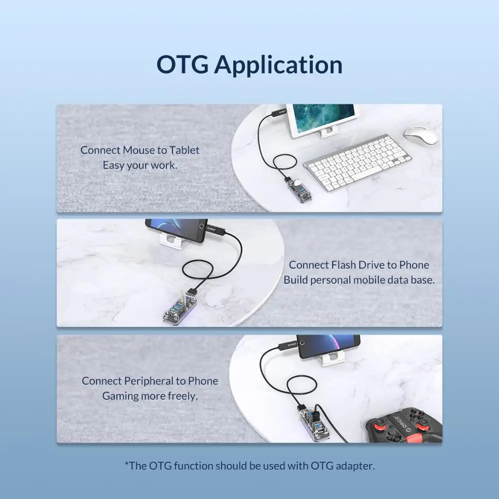 Orico Série Transparente Hub Usb Multi Portas de Alta Velocidade Usb3.0 Divisor com Micro Porta de Alimentação Usb para Laptop pc Adaptador Otg - Imagem 4