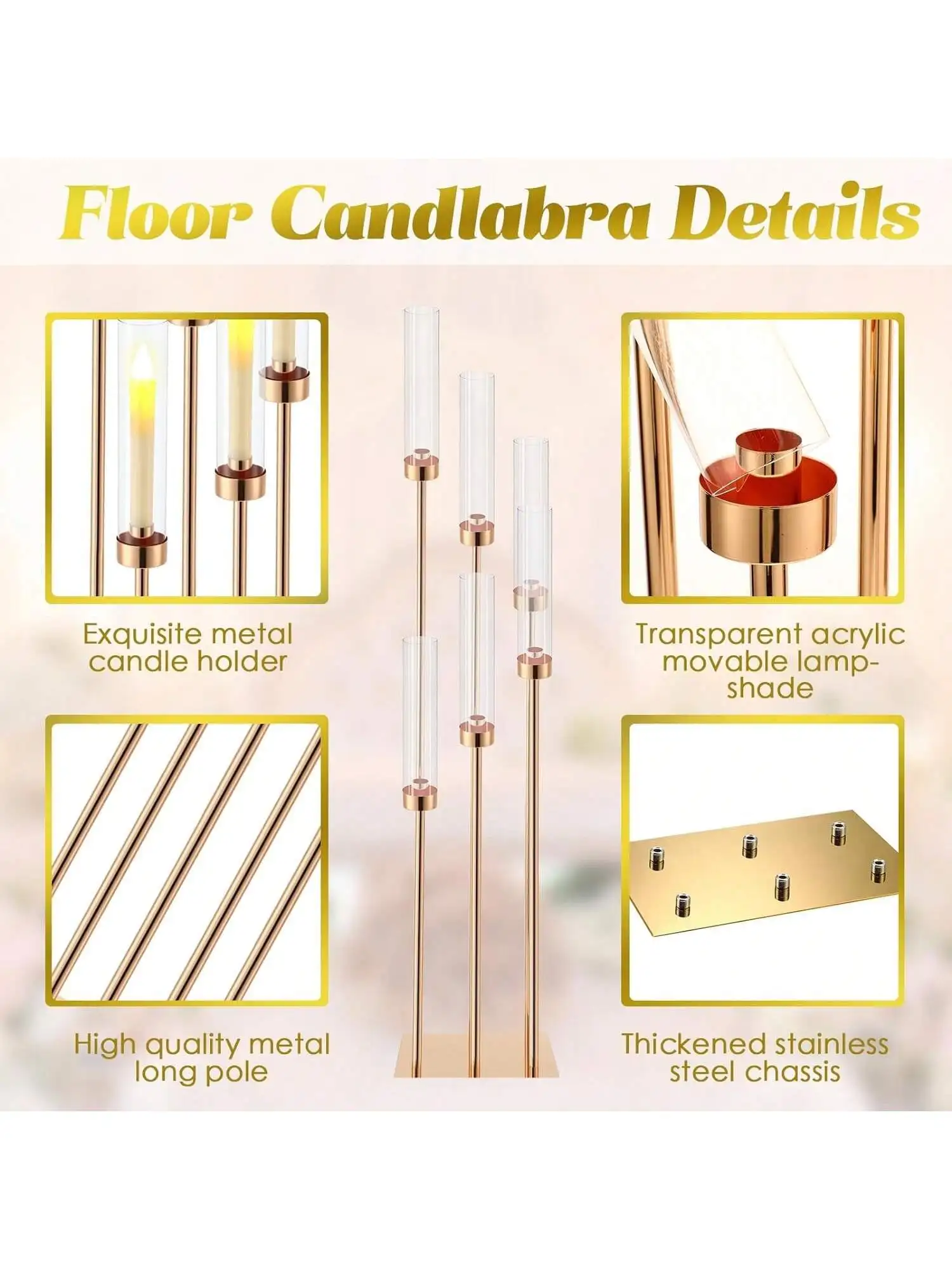 6 Arms Gold Candelabra Centerpieces for Wedding Decoration Tall Gold Floor Candelabra for Valentine's Day and Weddings