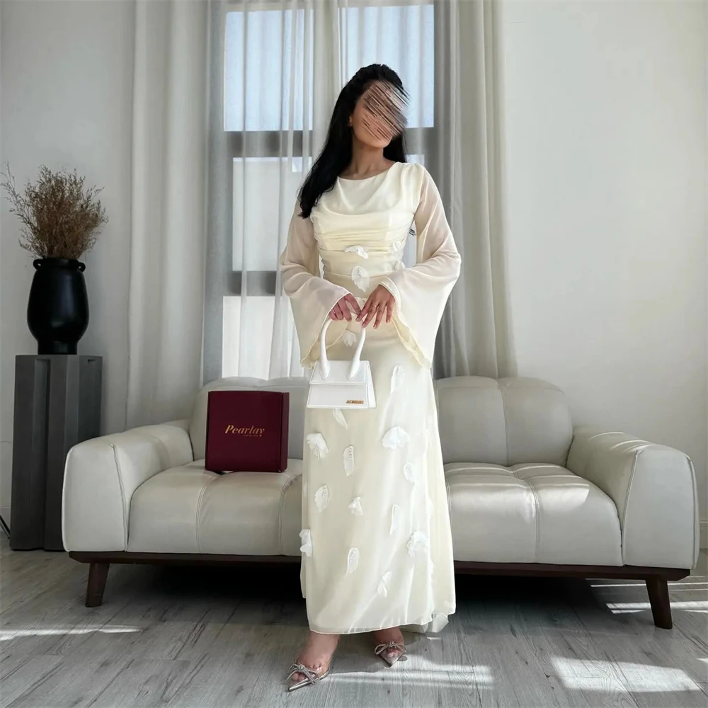 

Tarot Saudi O-Neck Chiffon Prom Dresses A Line Long Flared Sleeves Elegant Party Dress 2024 Appliques Pleated robes de soirée