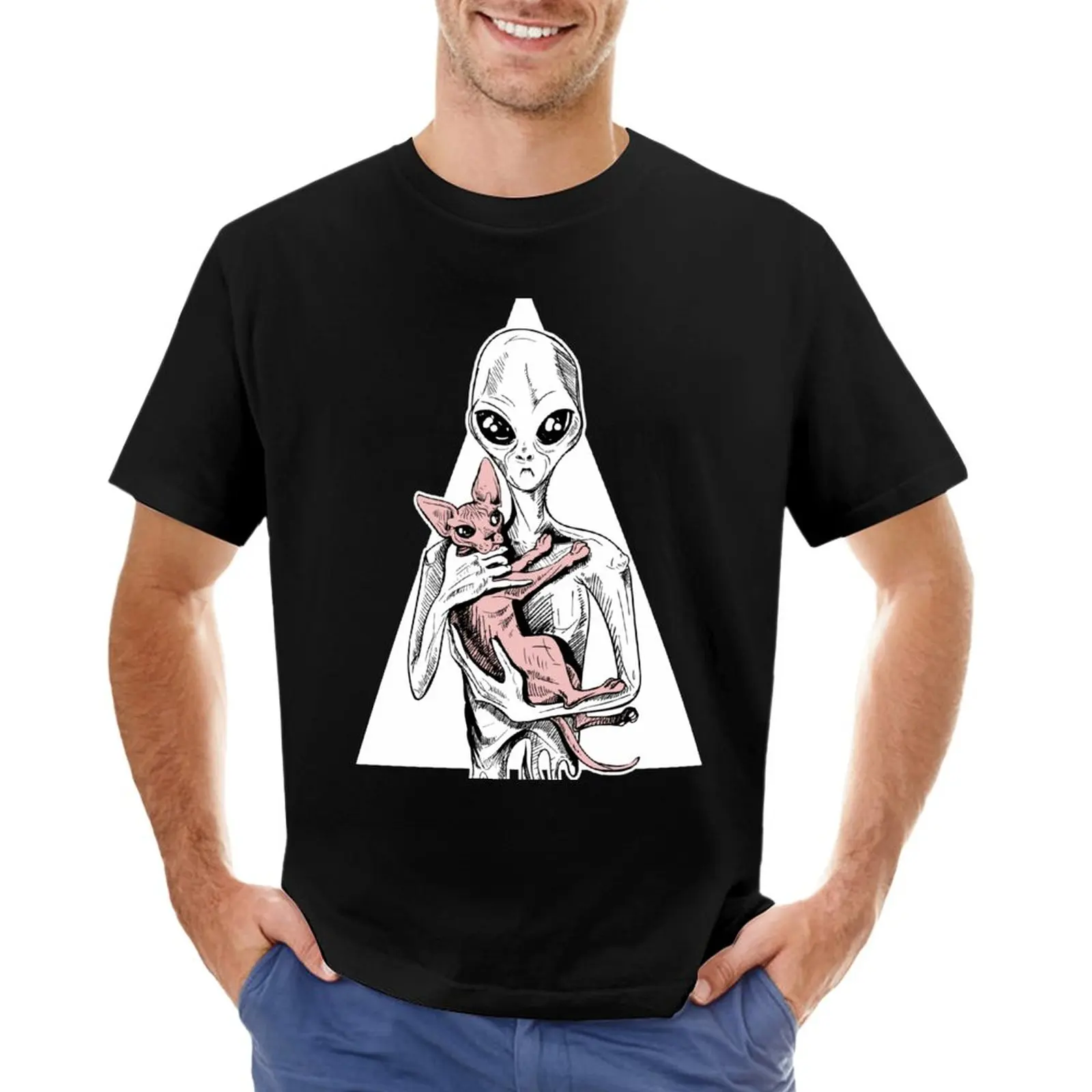 

Alien with sphynx cat T-Shirt boys white t shirts tees t shirt man mens graphic t-shirts hip hop
