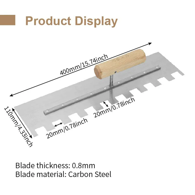 Hand Tools Squared Notch Tile And Flooring Trowel 40X11CM Pro Grade Carbon Steel Trowel Ergonomic Wooden Comfort Handle