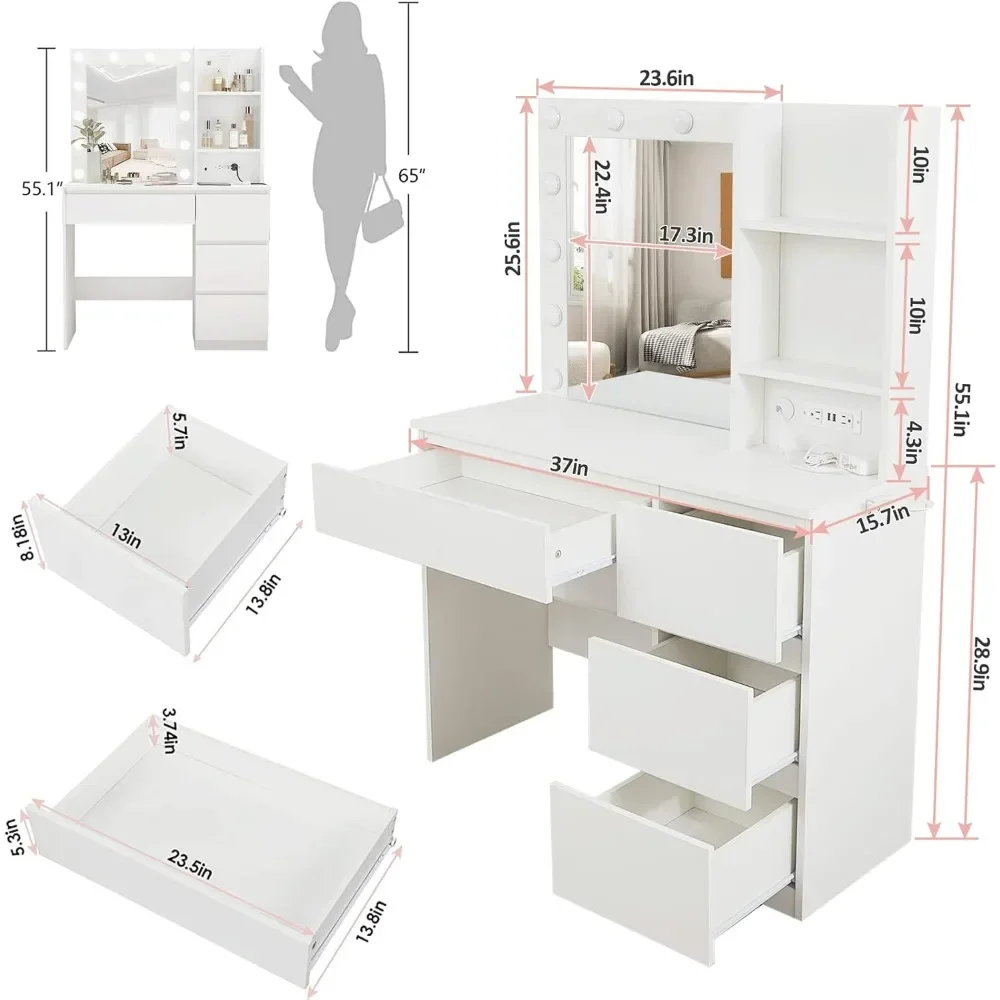 Makeup Vanity with Lights, 37inch Vanity Desk with Power Strip, 4 Drawers Makeup Table with Lighted Mirror, 3 Lighting Colors 5