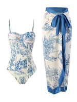 Strppy Printed Swimsuit One Piece With Beach Dress 2025 Women Sexy Push Up Swimwear Bathers Bathing Swim Suit Beachwear Summer