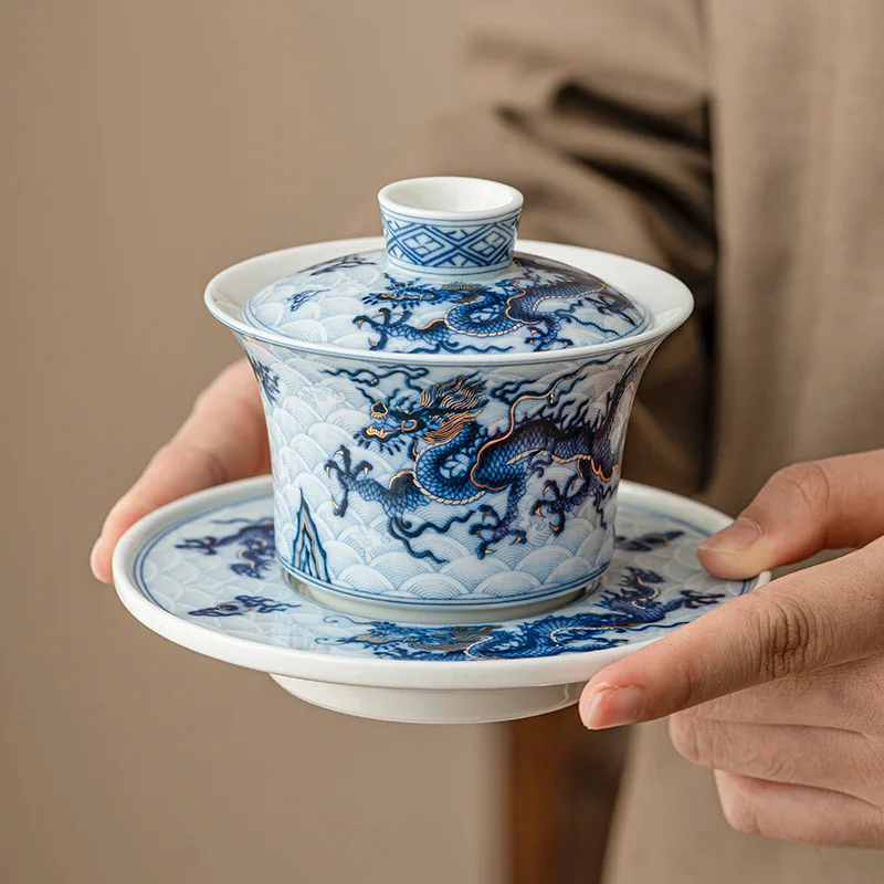Metal Inlay Blue and White Chinese Dragon Gaiwan Single Ceramic Kungfu Tea Set Tea Making Bowl Tureen