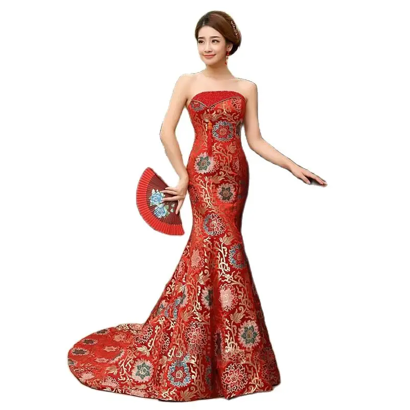 

Modern Sexy Party Long Cheongsam Chinese Style Evening Wedding Qipao Red Traditional Trailing Style Women Vestido Luxury Gown