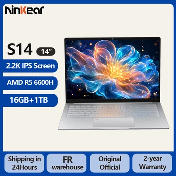 Ninkear S14 Laptop 14" 2.2K 100% sRGB IPS AMD Ryzen 5 7535HS 6-Core 4.55GHz 16GB LPDDR5X 1TB PCIe SSD WiFi 6 BT5.3 PD65W Fast Charge 5195mAh 1kg Ultra Light Type-C Windows 11,180° Hinge Fingerprint The Perfect Gift Travel Office Computer