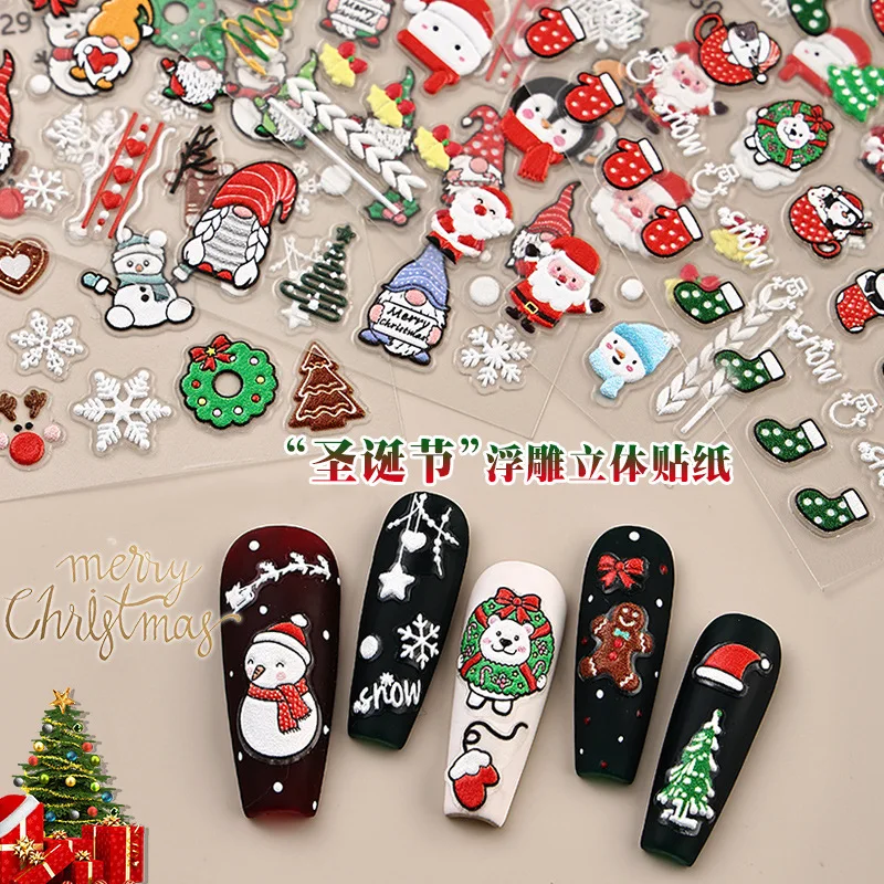 

3D Relief Christmas Tree Nail Stickers Embossed Santa Claus Snowman Snowflake Decals For Nails Art Decoration Manicure Supplies
