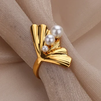 Pearl Mermaid Tail Rings for Women Stainless Steel Gold Color Adjustable Wedding Ring Aesthetic Vintage Waterproof Jewelry Gift