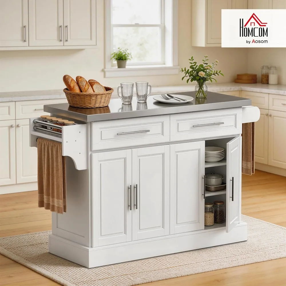 Rolling Kitchen Island Cart with 47" Stainless Steel Top, Portable Island Table for Kitchen with Wheels, Adjustable, Customized 1