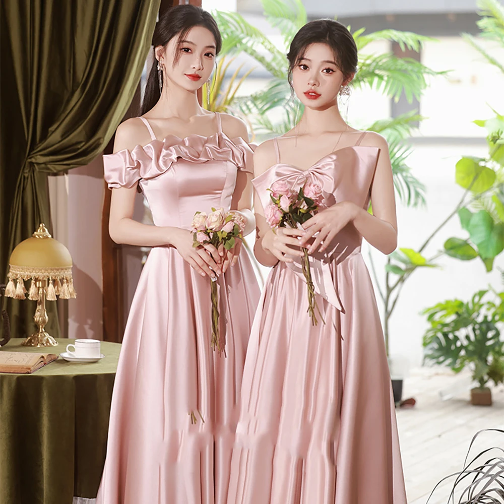 Bridesmaid Dress Women Banquet Evening Gown Off The Shoulder Elegant Ladies Sisters Formal Party Dresses Luxury Pink Satin