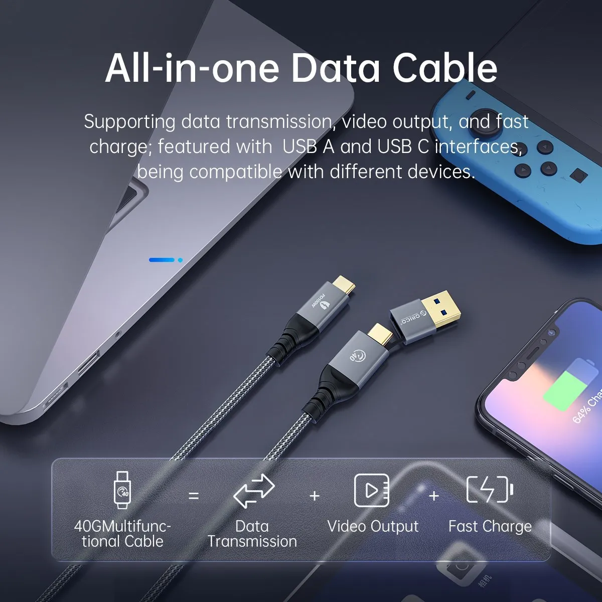 ORICO-40Gbps USB C to USB C USB 3.0 ̺ PD100W,   ڵ 8K @ 60Hz HD 2  1, ƺ Ʈ 4  δ 