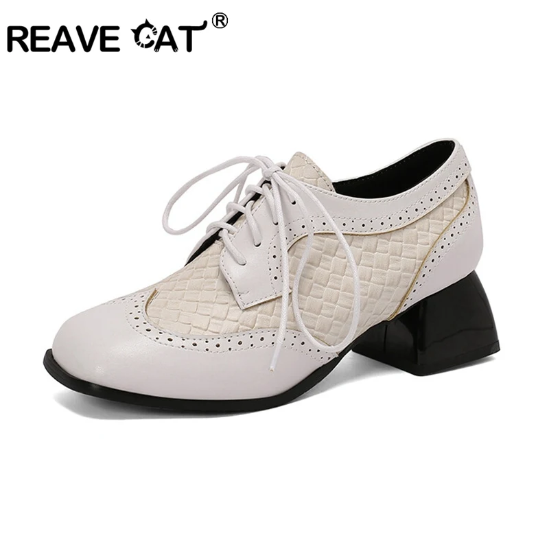 

Женские туфли в клетку Reave Cat, новые весенне-летние туфли-лодочки с квадратным носком и ремешком на квадратном каблуке 4,5 см, крутые повседневные туфли больших размеров 45, 46, 47, 48