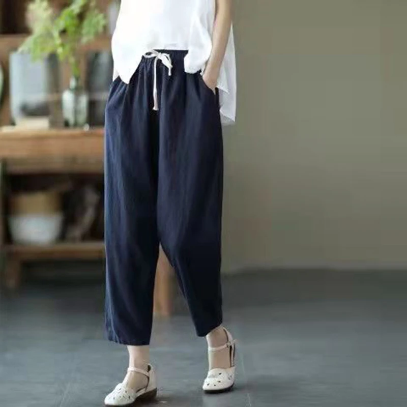 thumbnail image 1 of Pantalones harén de lino y algodón de moda para mujer, pantalones holgados de cintura alta elásticos hasta los tobillos, pantalones casuales sólidos con bolsillos retro para mujer, 1 of 4