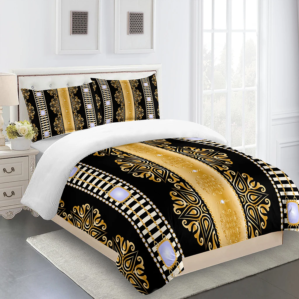 

3D Deluxe Black Gold Striped Bedding Ethiopia Style Bed Three Sets Single Bed Double Bed Quilt Cover 2 Pillowcases