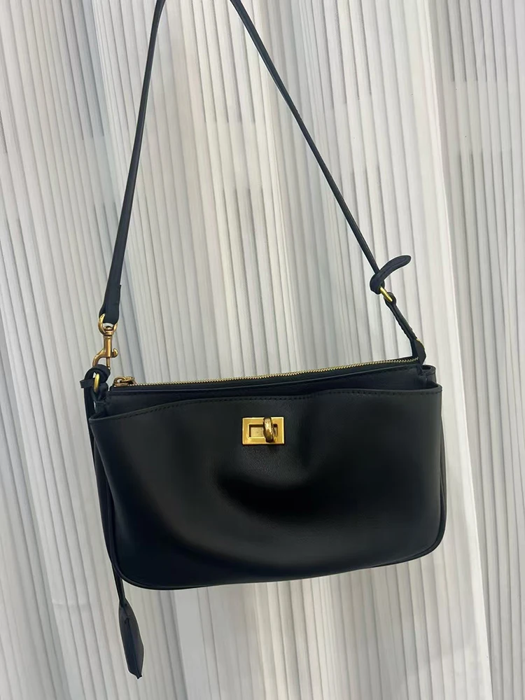 2025 Spring New Luxury Brand Rodeo Women Shoulder Bags Genuine Leather Black Handbags Women Fashion Gold Buckle Underarm Bags 4
