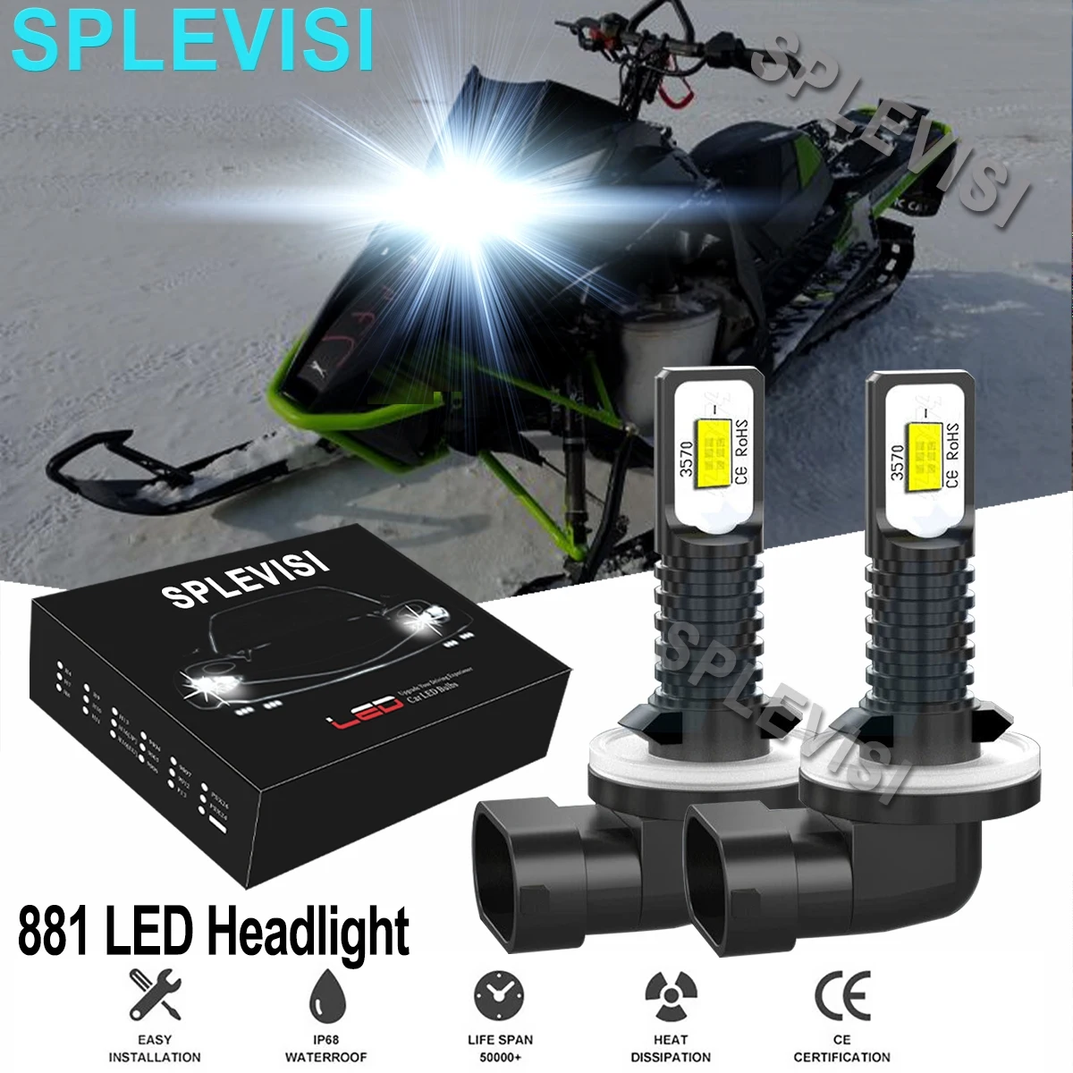 Snowmobile LED Headlights 2x 70W LED Headlights Pure White 6000K For Arctic Cat M5 M6 M7 M8 Firecat 500 600 700 F5 F6 Snowmobiles