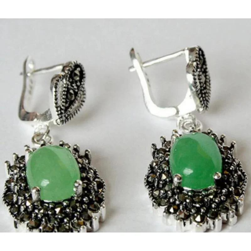 

New Pair Natural Green Quartzite stone 925 Sterling Marcasite Dangle Earrings