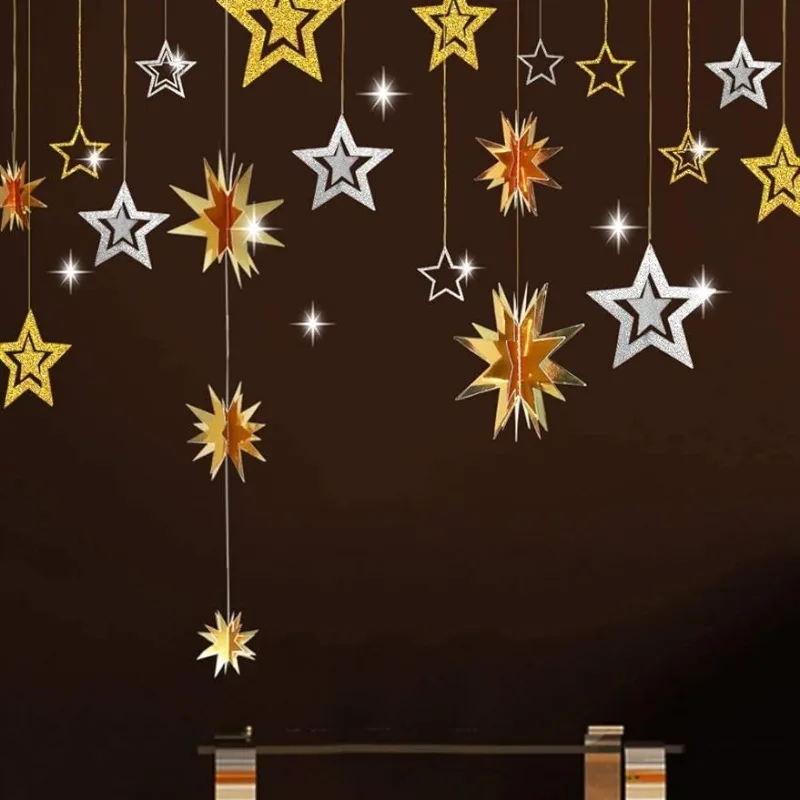 

3sets Gold Silver Star Garland EID Party Decoration Hanging Stars Cutout Twinkle Star Decor Banner for Christmas Party Supplies