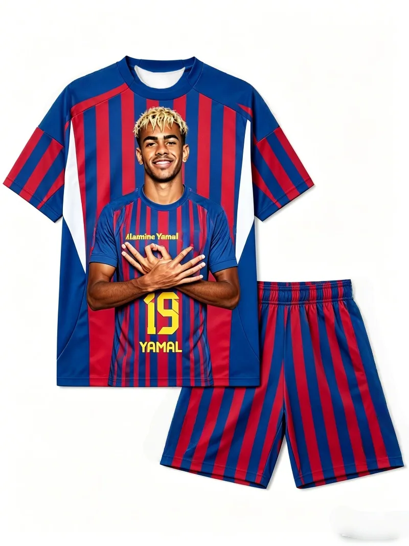 Sommer # 19 Yamal AI Personality Edition Gestreiftes Fußballtrikot-Set für Erwachsene und Kinder, Modisches Freizeit-Outdoor-Sportset