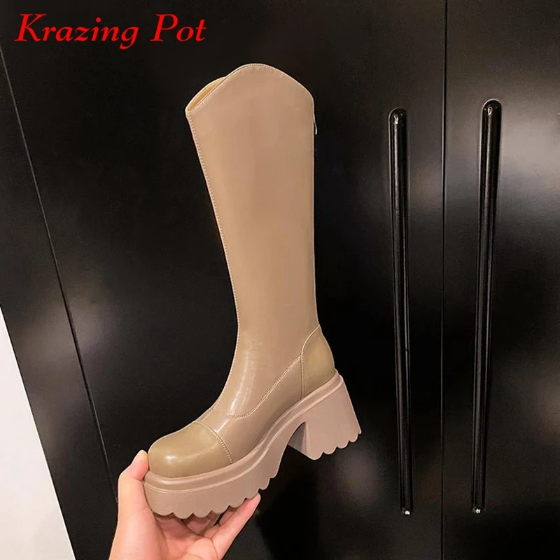 

Krazing Pot Full Grain Leather Round Toe Thick High Heels Western Boots Winter Street Wear Keep Warm Non-slip Thigh High Boots