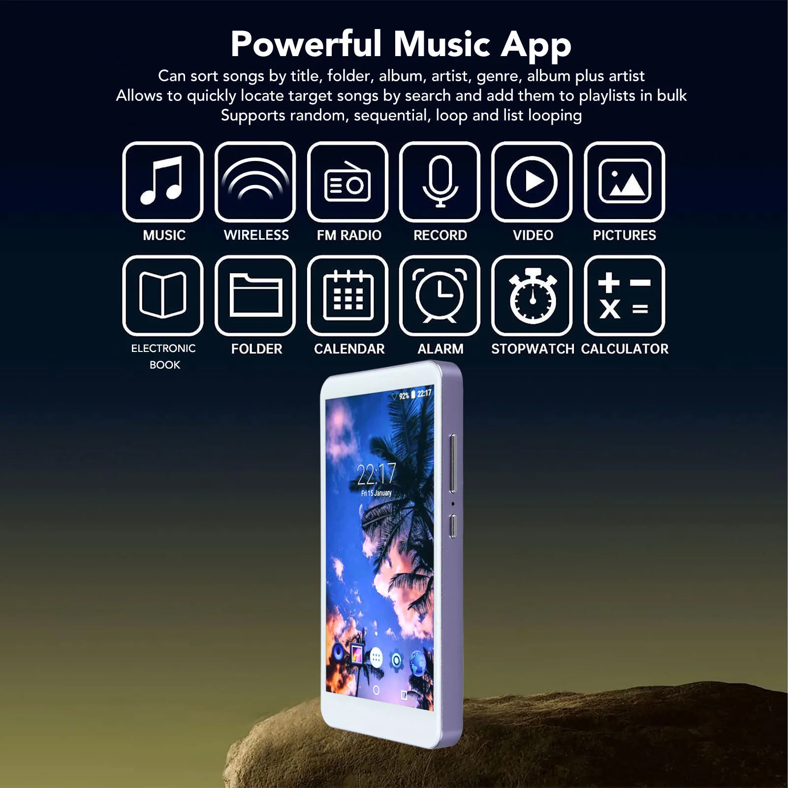 5.0 Inch MP4 Player Smart Noise Reduction Bluetooth 5.0 WiFi 2200mAh Rechargeable 16GB ROM and 128GB Memory Expansion Portable M