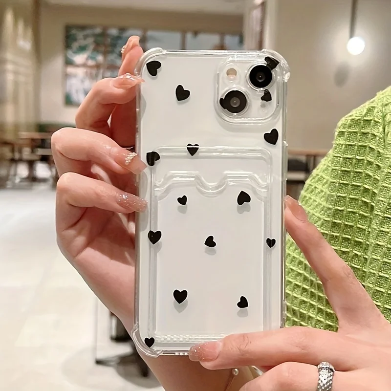 Elegant Black & White Love Heart Clear Phone Case with Wallet and Card Holder